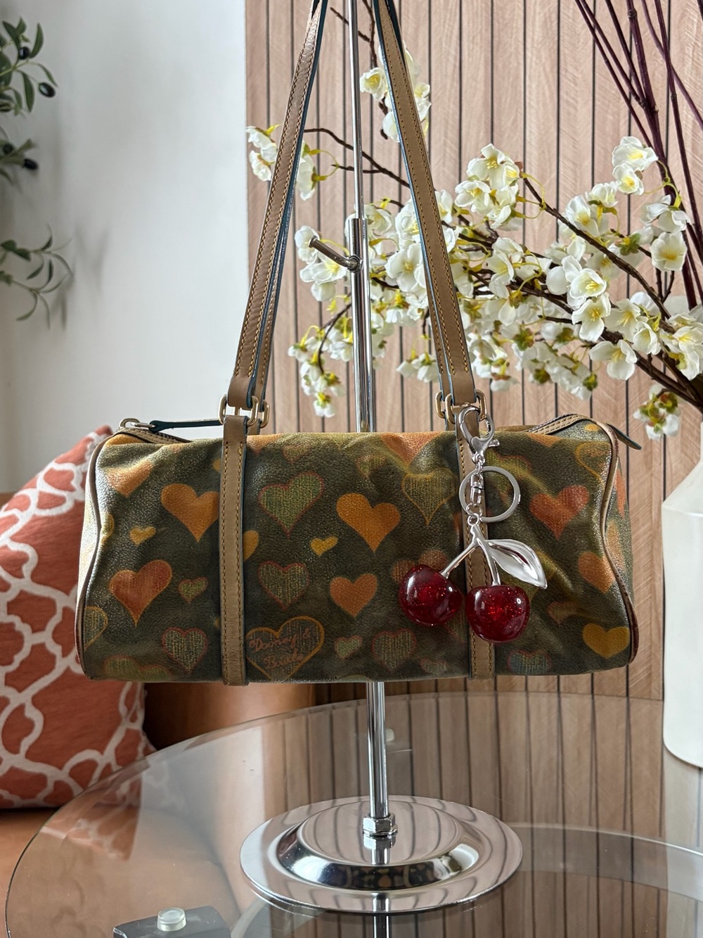 Dooney& Bourke Heart-Print Shoulder Bag with Cherry Charm.Lindsey Lohan edition.